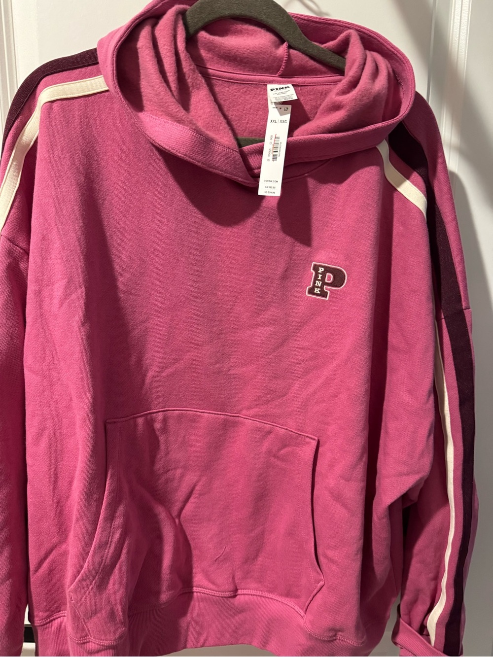 PINK Victoria's Secret Women’s Hooded Sweatshirt in Pink with Stripe Detail